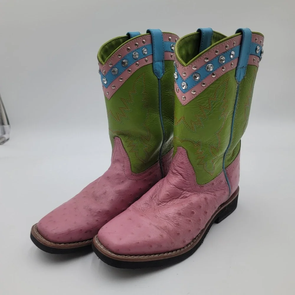 Smoky Mountain Boots Youth 4.5 D Pink Green Ostrich Print Western Boots 3281Y